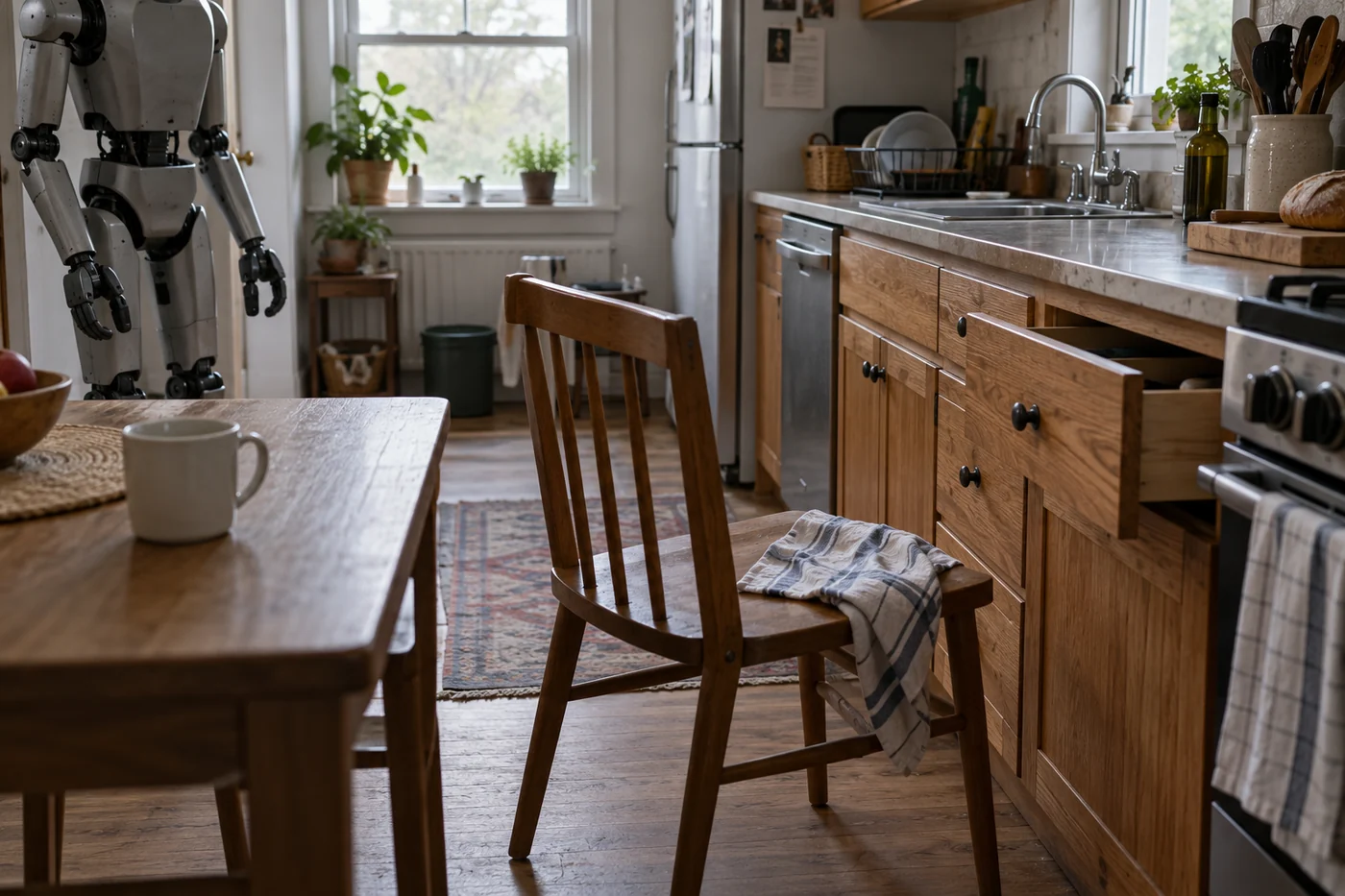 An imagined home robot standing beside a kitchen table, with a pulled-out chair and open drawer in the room