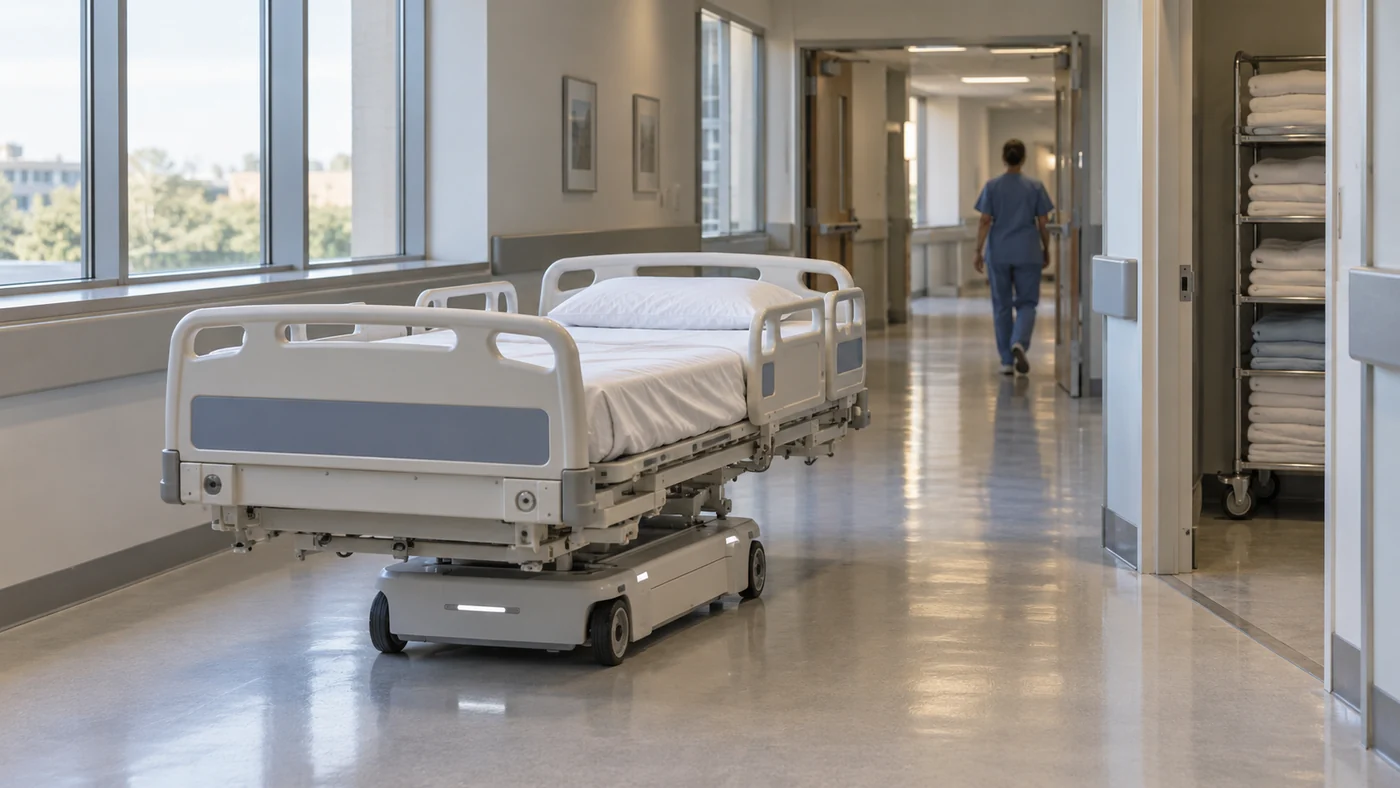 AI-generated illustration of an empty hospital bed on a low mobile transport platform in a service corridor