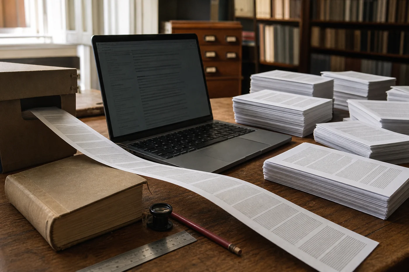 A library research desk covered with stacks of printed webpages beside a laptop and an older bound volume.