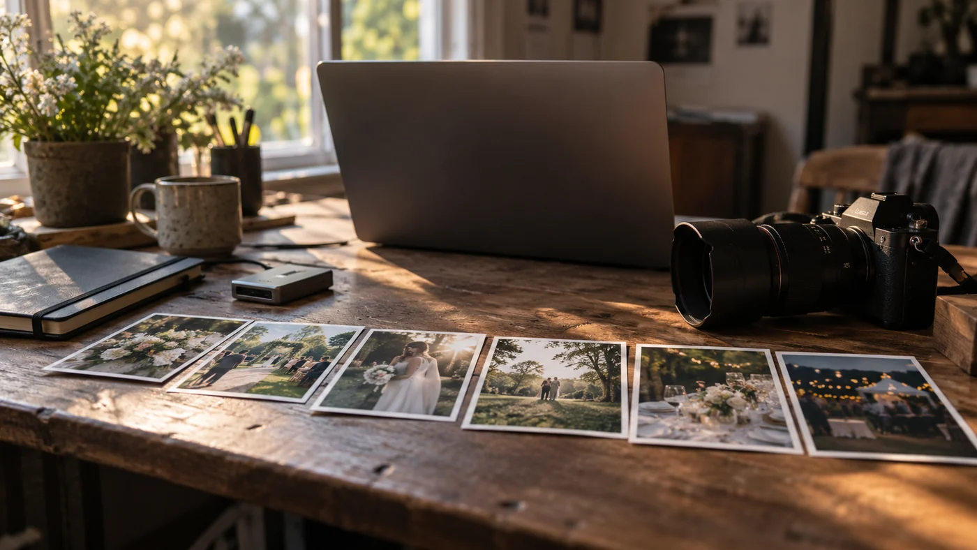 Six wedding photographs laid across a wooden photographer’s desk, with a camera, card reader, notebook and laptop behind them.
