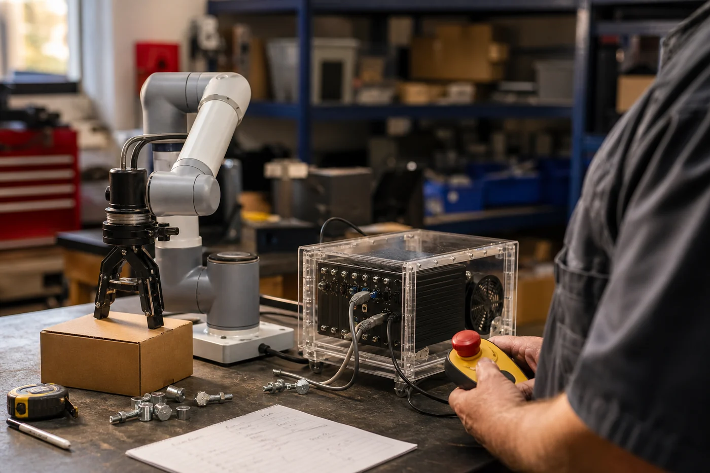 A small robotic arm at a workshop bench beside a protected edge computer and a person holding a physical emergency-stop pendant.
