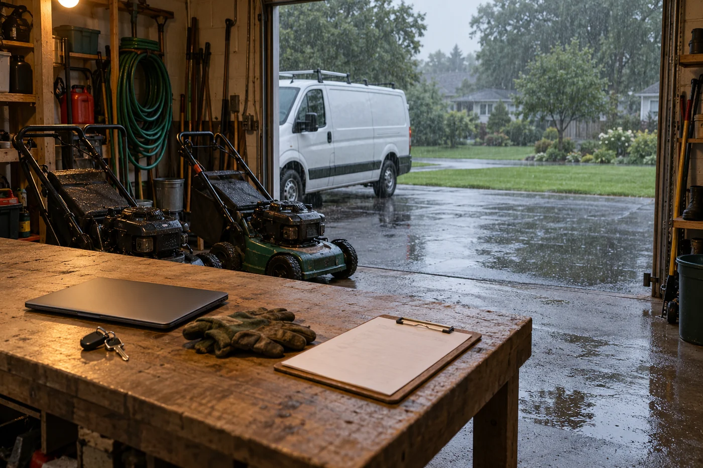 Landscaping equipment and a service van parked at a garage during heavy morning rain.