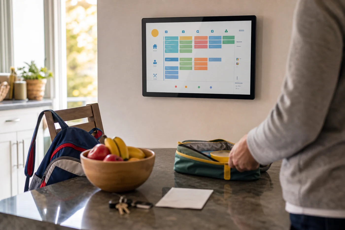 A wall-mounted digital household calendar above a kitchen counter with a backpack, lunchbox, grocery note and keys during the morning rush.