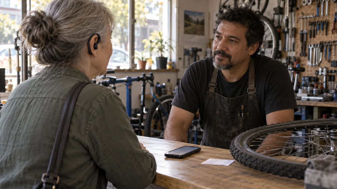 An older customer wearing an open-ear earbud talks with a bicycle mechanic across a counter, with a smartphone placed between them.
