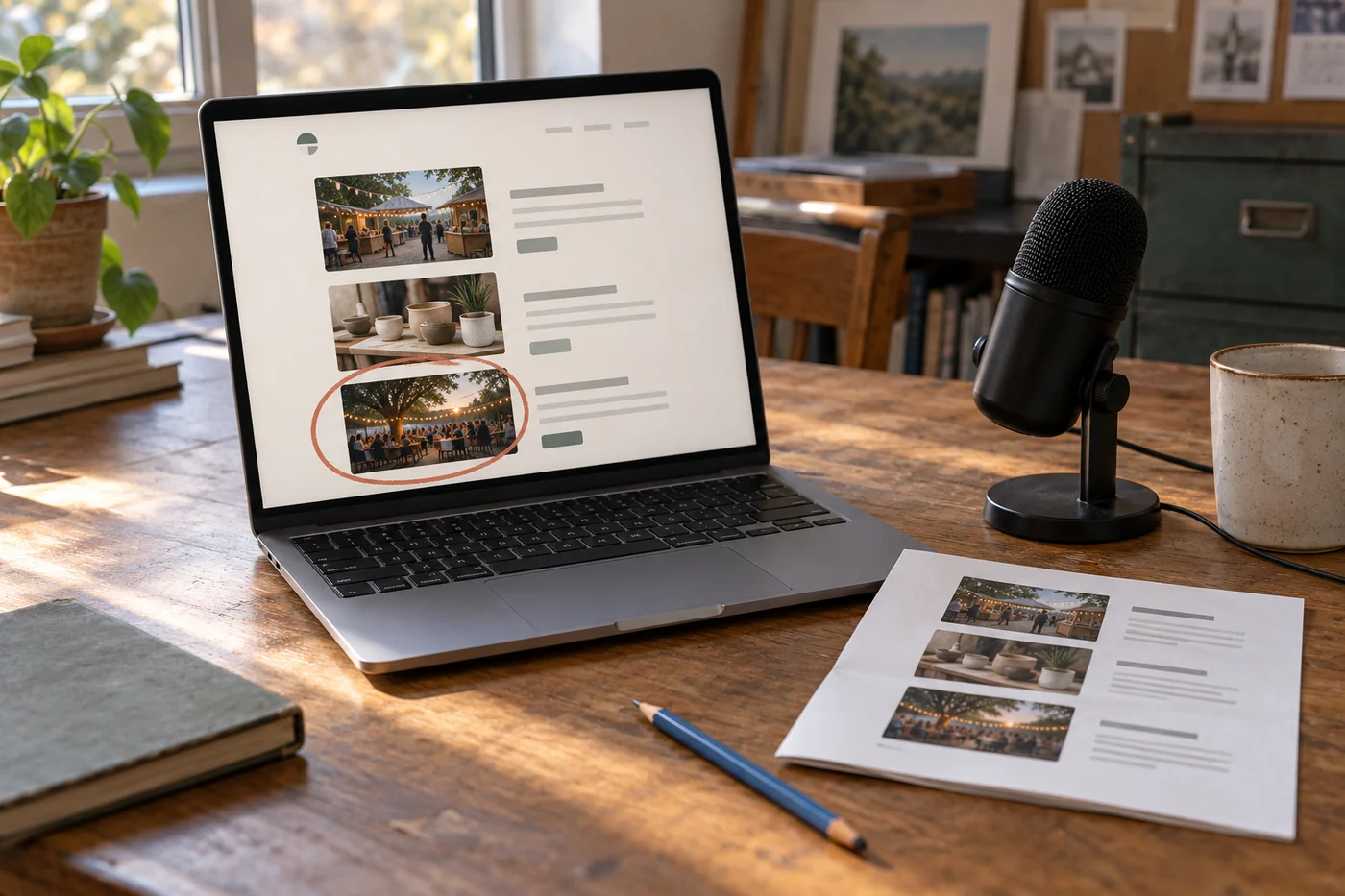 A laptop with a circled event-page image beside a microphone and matching paper leaflet in a small office.