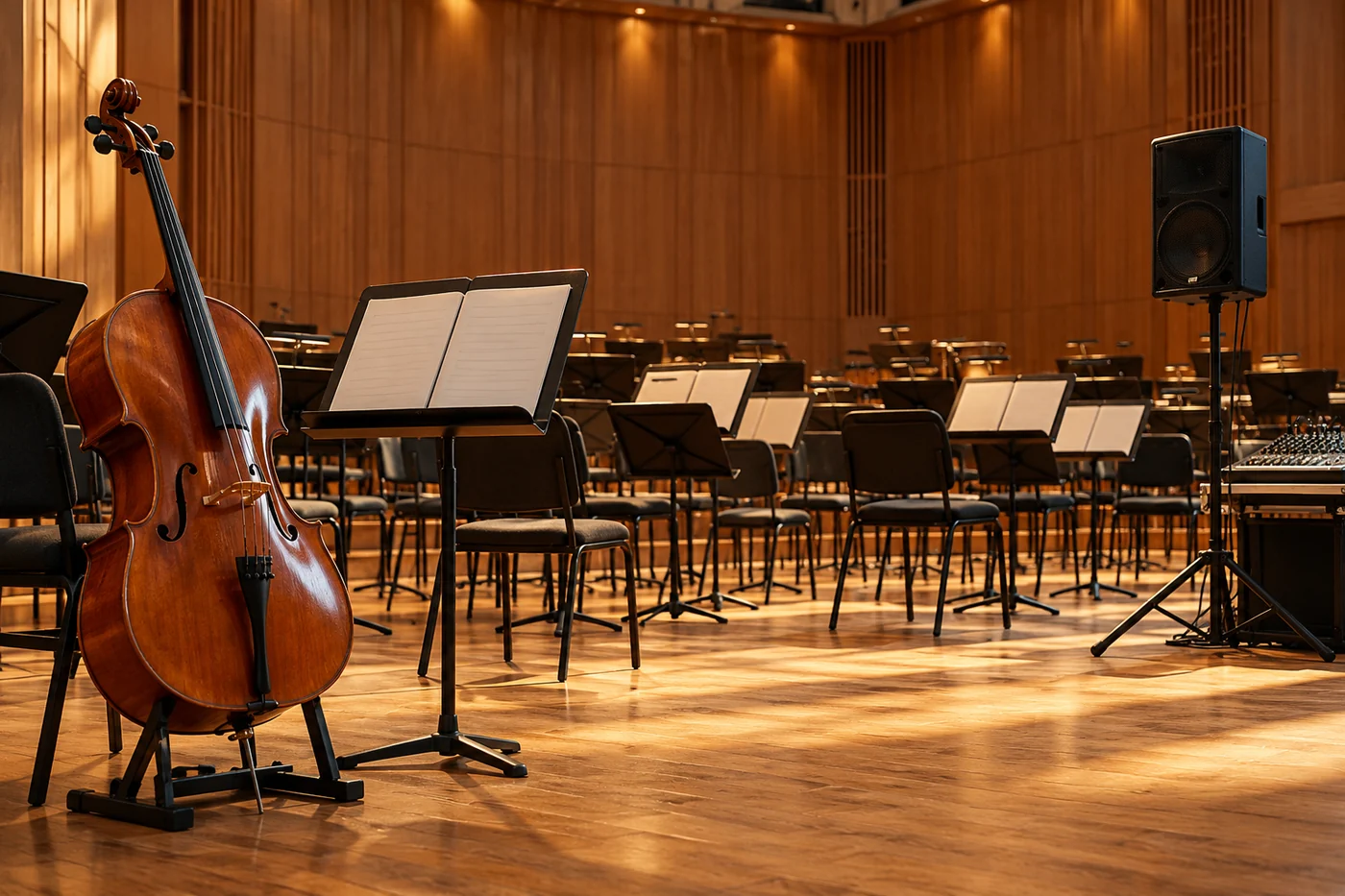 A cello, empty musicians' chairs, music stands and a loudspeaker in a warm wood-paneled rehearsal hall.