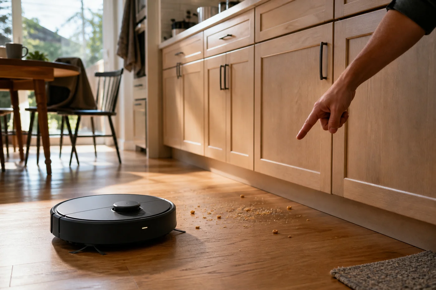 A person points toward cereal crumbs on a kitchen floor beside a robot vacuum.