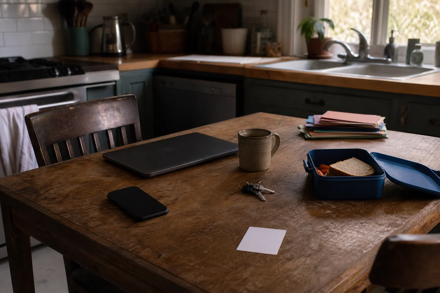 A closed laptop, phone, keys, lunchbox and one blank priority card on a kitchen table in the morning.