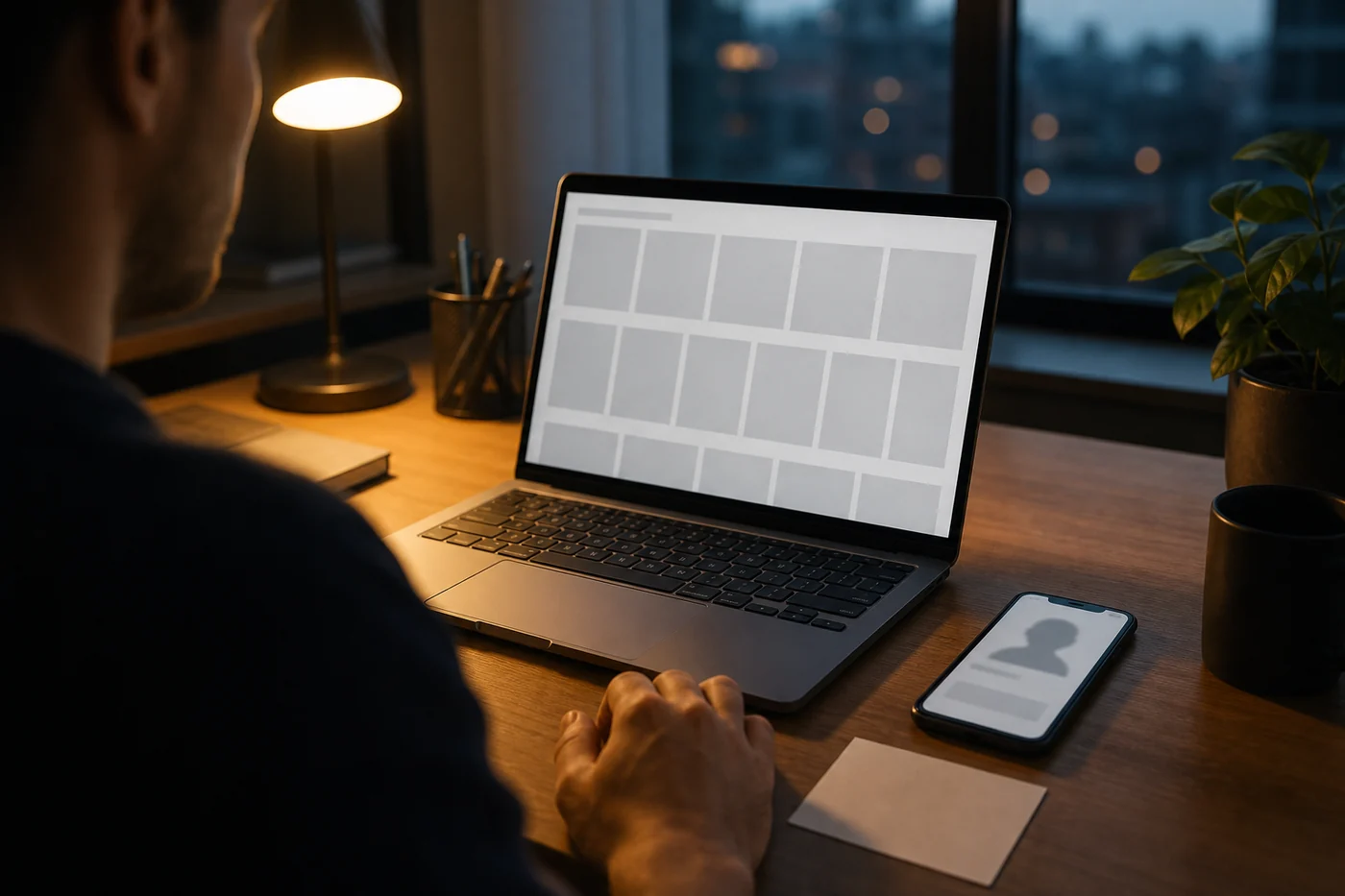 A person hesitates at a desk while looking at a laptop photo grid and a phone showing a blurred social profile.