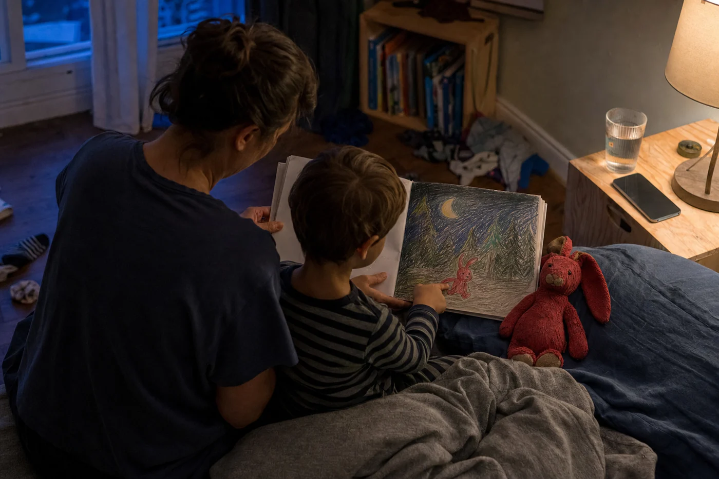 A parent and child invent a bedtime story together from a hand-drawn red rabbit while a phone rests face-down nearby.
