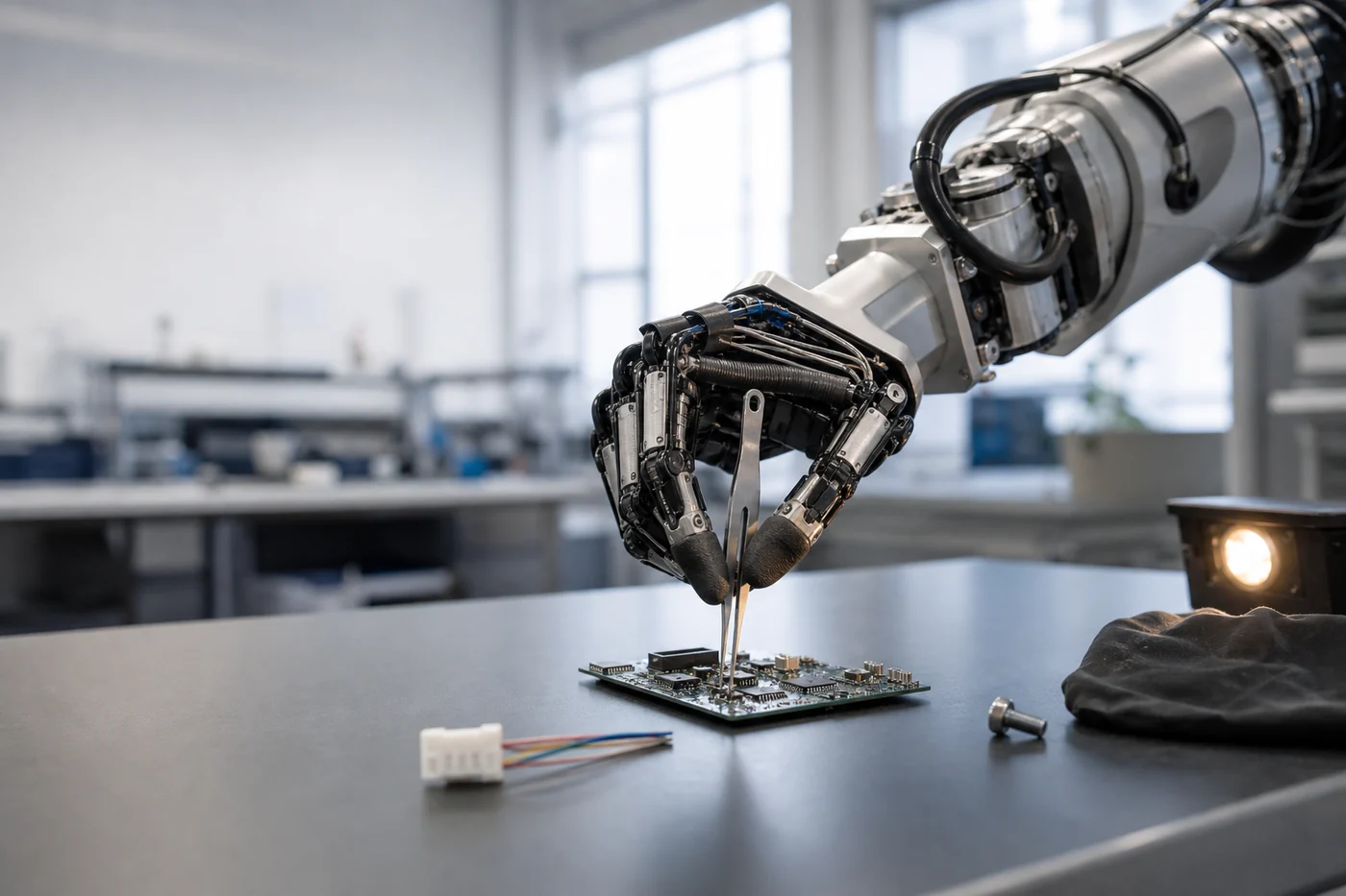 A tendon-driven robotic hand uses tweezers over a circuit board at a clean industrial workbench.
