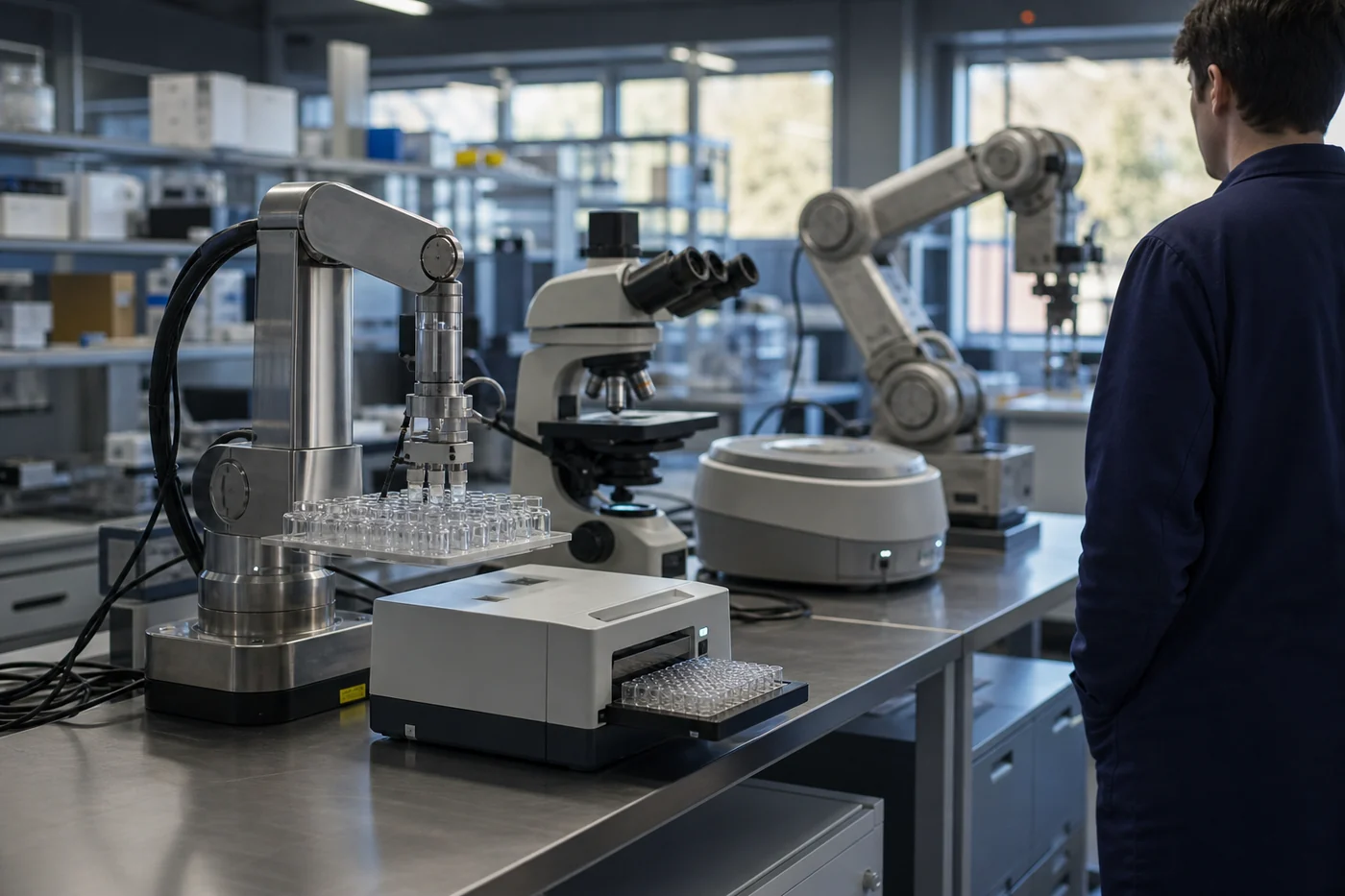 A robotic liquid handler, microscope, plate reader, and robotic arm arranged together on a research-lab bench while a researcher observes.
