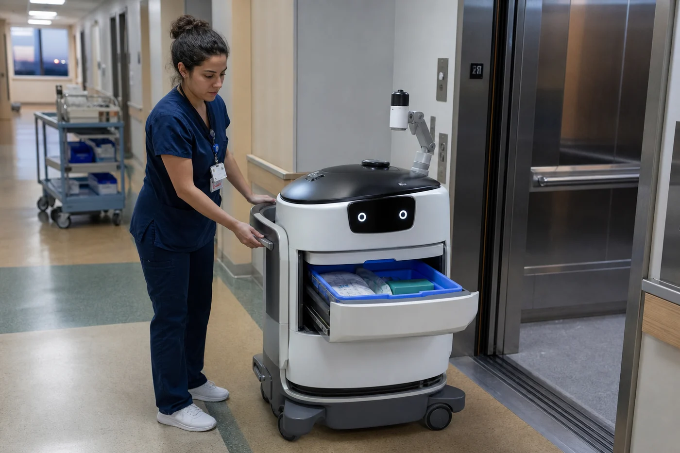 A nurse guides a wheeled hospital delivery robot with an open supply drawer beside an elevator.