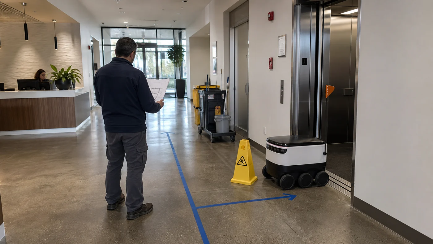 A facilities manager checks a paper floor plan while a delivery robot waits beside an elevator, a cleaning cart and a taped route in an office lobby.