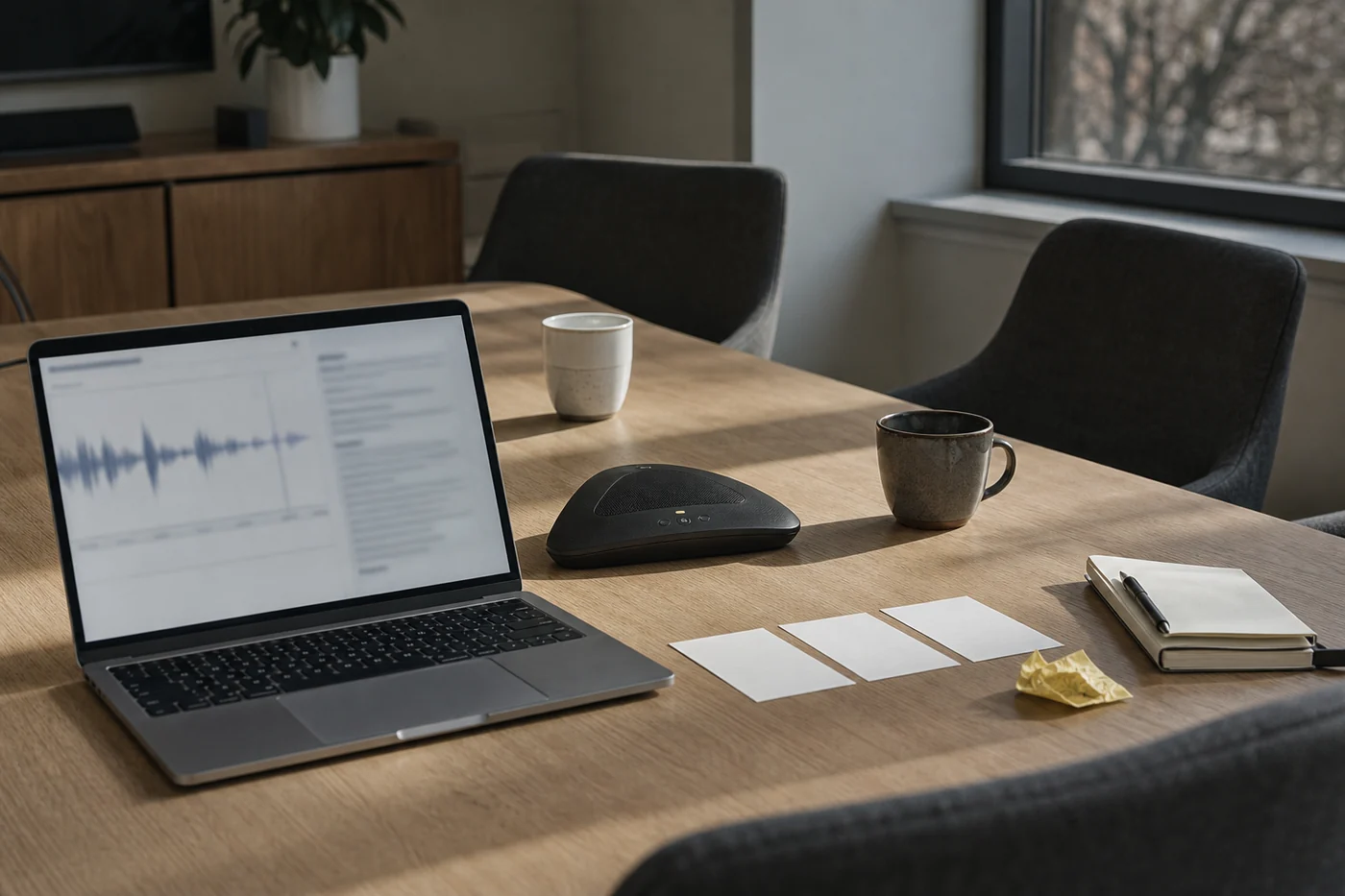An empty conference room after a meeting, with a laptop showing a blurred audio waveform beside blank task cards and a crumpled note.
