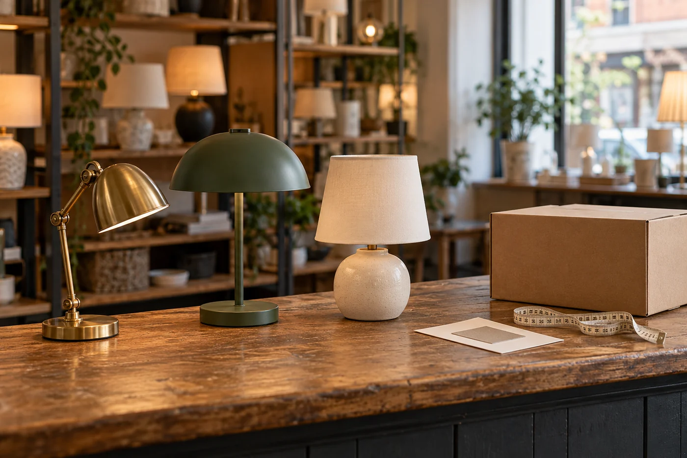 Three different table lamps on a wooden shop counter beside a shipping box and measuring tape