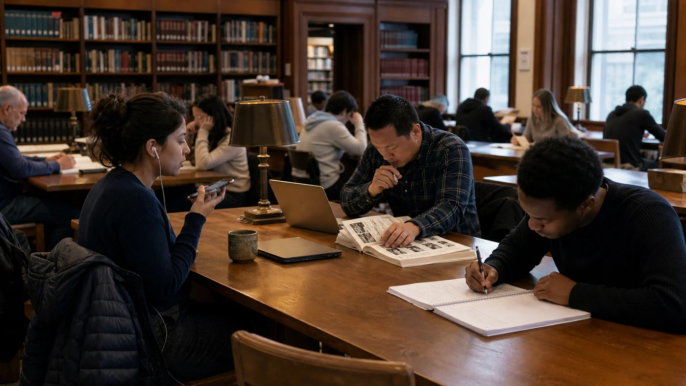 People in a public library use a phone, laptop, printed material and a notebook for different kinds of work.