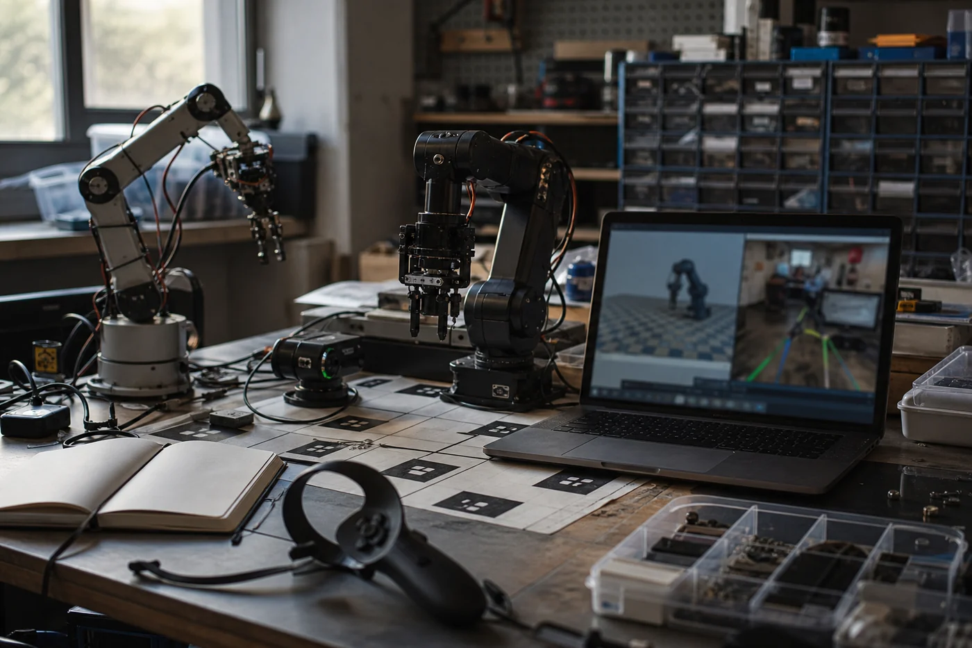 Two small robot arms, a laptop, calibration markers, a VR controller, and parts bins on a robotics lab workbench.