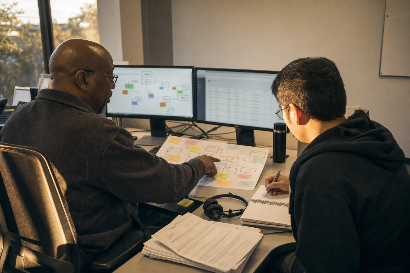 A support lead and deployment engineer review a paper process map beside two ordinary office monitors.