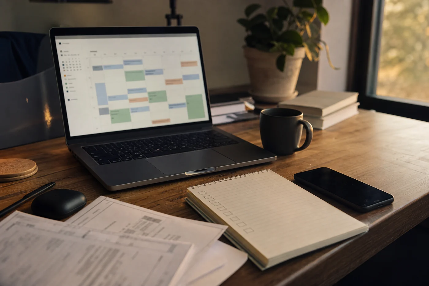 A warm home-office desk with a laptop calendar, notebook checklist, phone, coffee mug, and blurred invoices, suggesting delegated digital chores and reclaimed time.