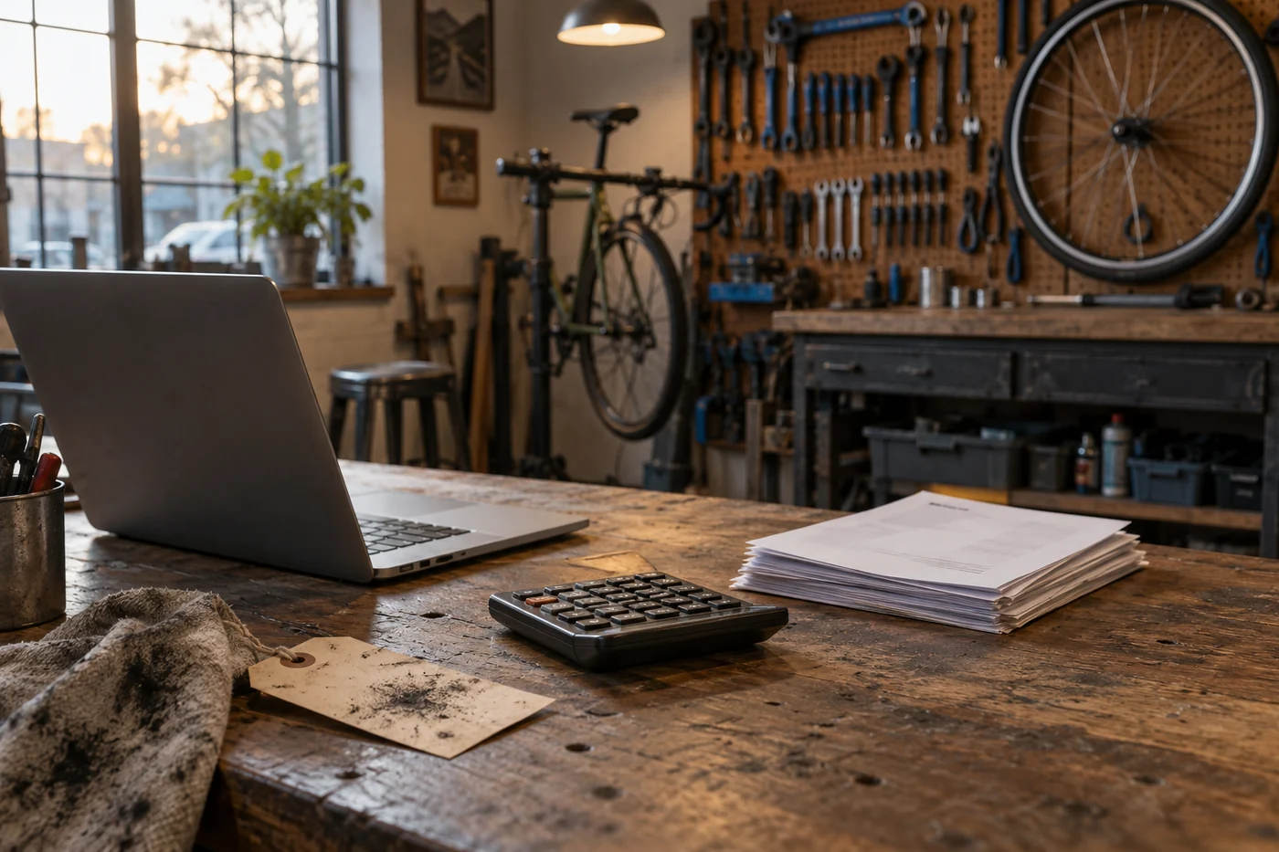 A laptop, calculator and stack of paperwork on a wooden bicycle workshop bench, with repair tools and a wheel behind them.