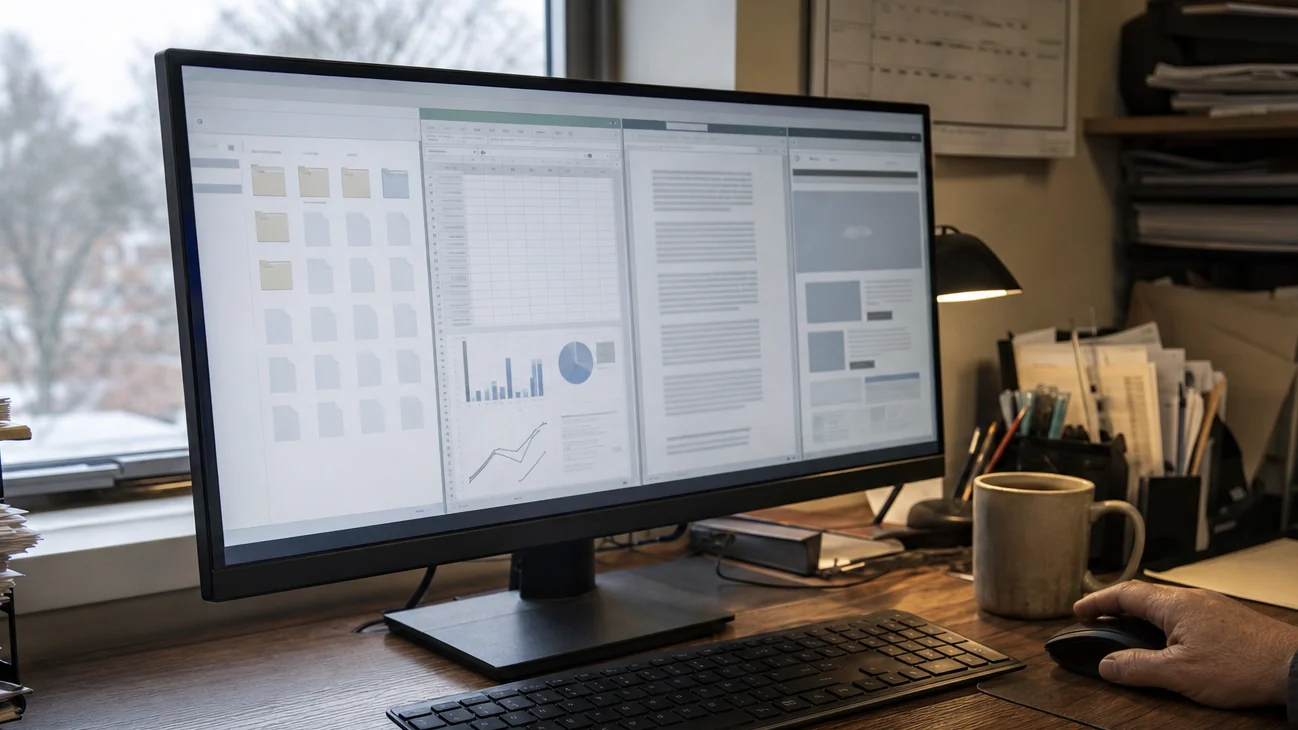 A small-office desk with a monitor showing a local file folder, spreadsheet, document, and web page side by side.