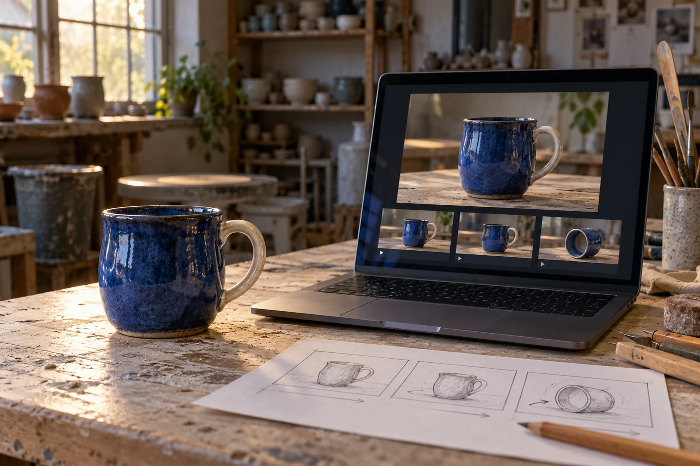 A blue handmade mug beside a laptop showing matching product shots, with a paper storyboard on a pottery workshop table.