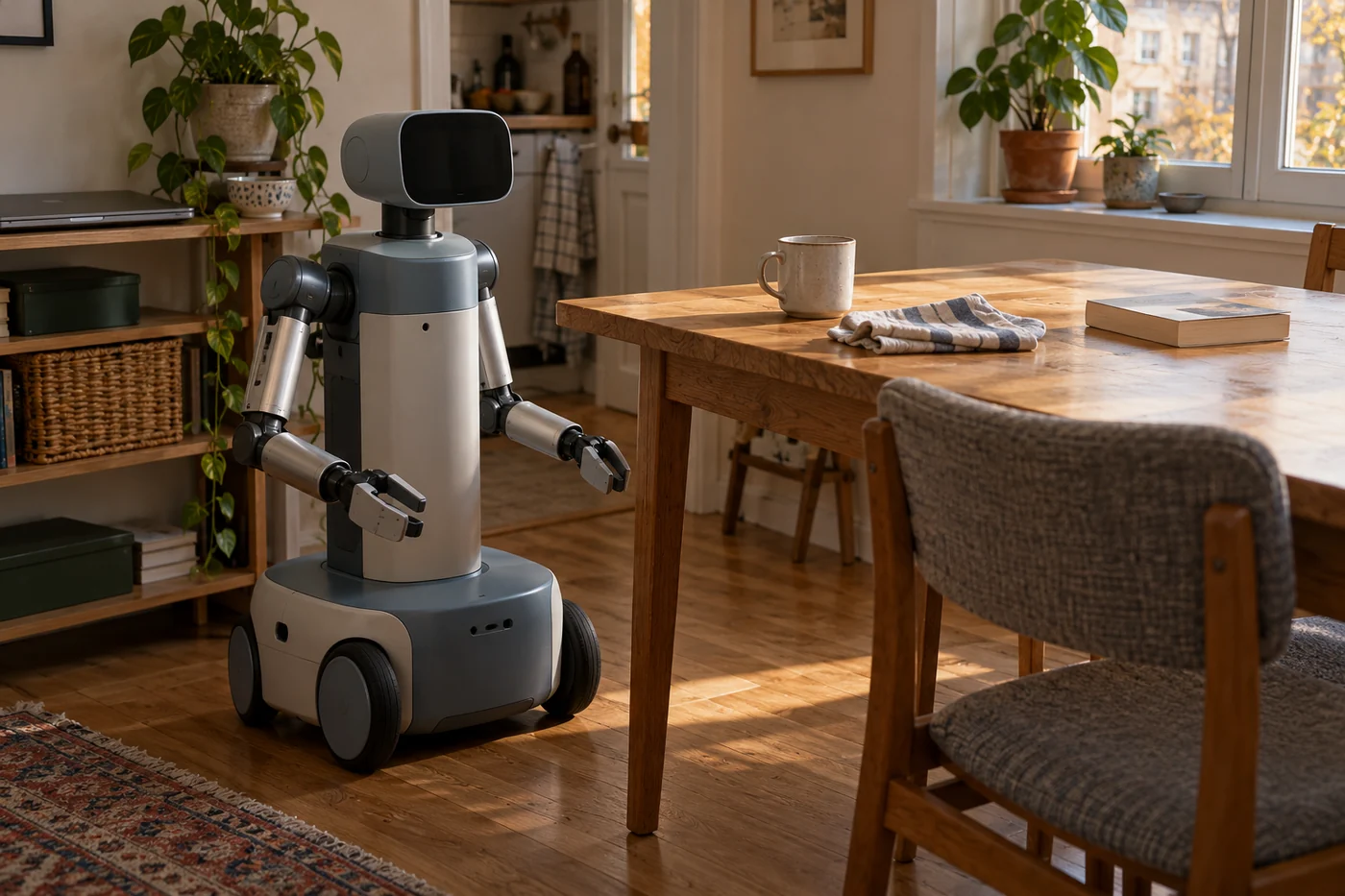 AI-generated concept illustration of an unbranded wheeled household robot beside a dining table; not the Plim product.