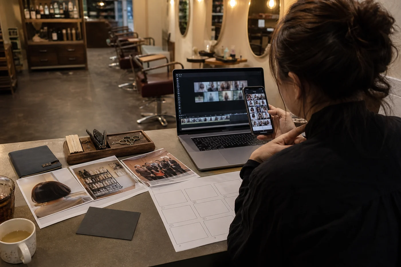 A salon owner reviews selected phone photos beside a laptop timeline, printed snapshots and a paper storyboard after closing.