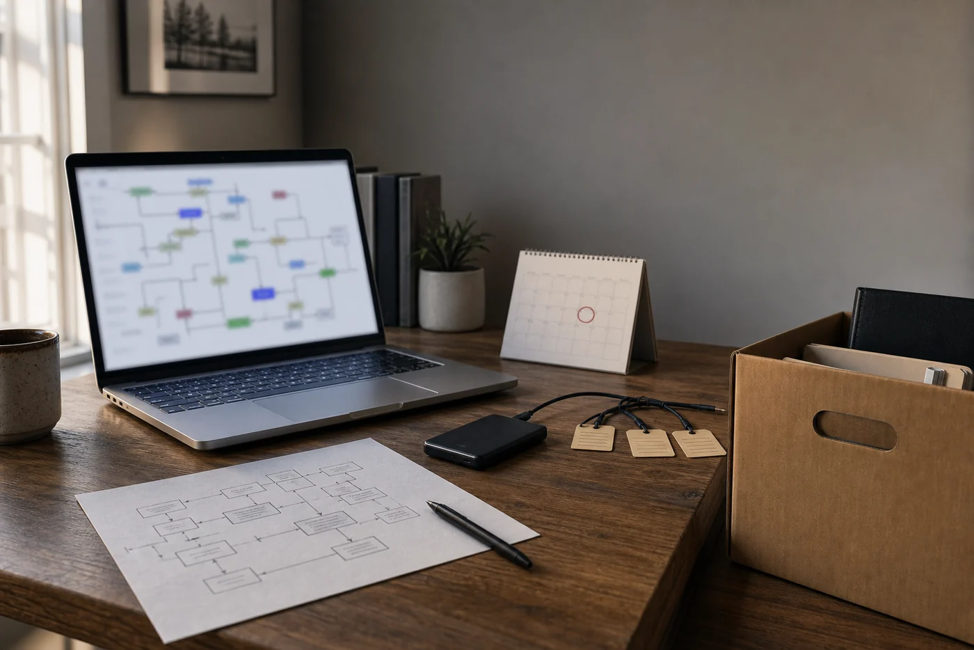 A laptop with a blurred automation diagram sits beside an external drive, a printed workflow map, a marked calendar and a small archive box.