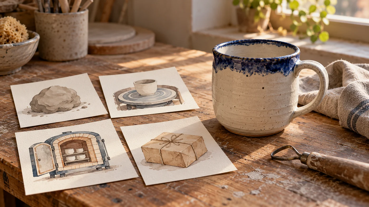 AI-generated editorial illustration of a ceramic mug beside four watercolor storyboard cards on a pottery workbench.