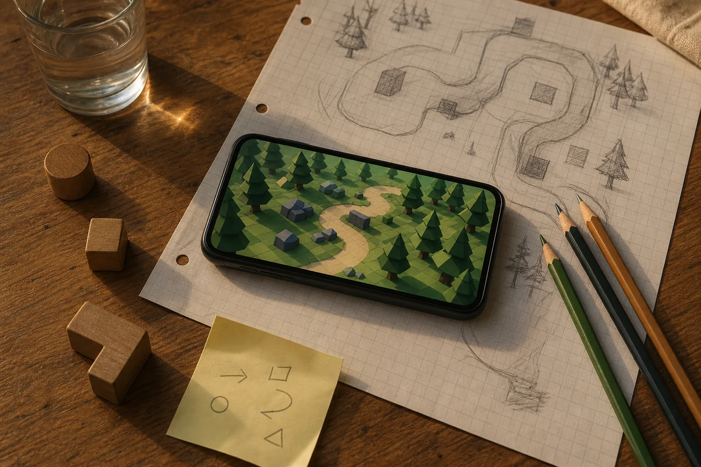 A phone showing a simple forest game scene rests on graph paper beside a hand-drawn level map, pencils and wooden blocks.