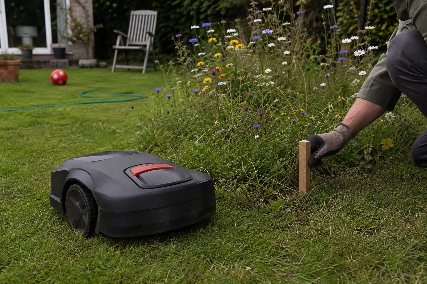 An unbranded robot mower stopped beside a wildflower border while a gloved gardener places a small wooden boundary marker.