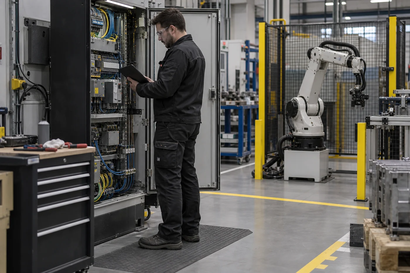 A factory technician checks an open electrical control cabinet beside an industrial robot arm behind a safety fence.