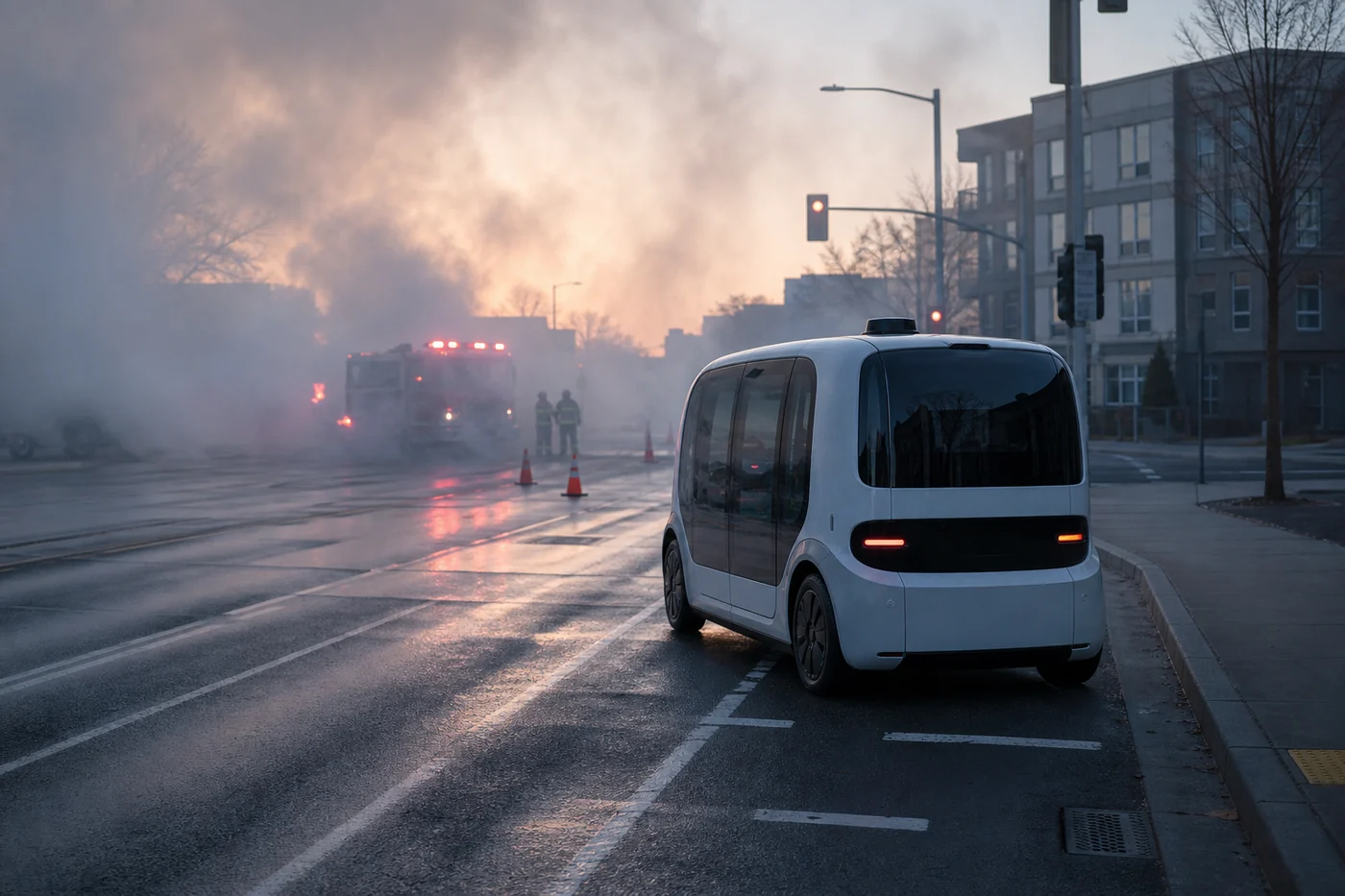 A generic driverless shuttle stopped on a wet city street before smoke, a fire engine, firefighters and traffic cones.