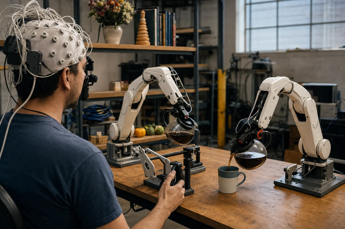A robotics trainer wearing an EEG sensor cap guides two robot arms as one pours coffee into a mug.