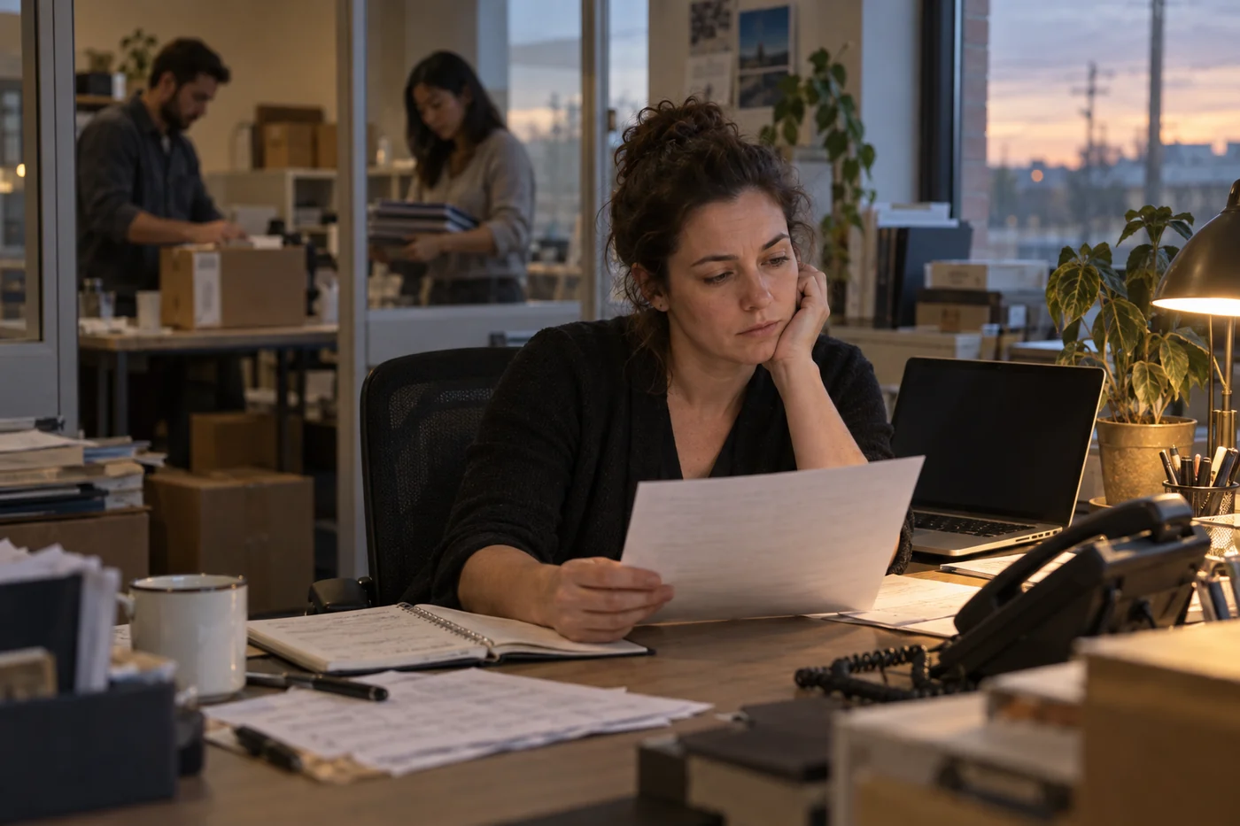 A customer-support lead reviews a paper handoff at a desk while coworkers handle packages in a small office behind her.