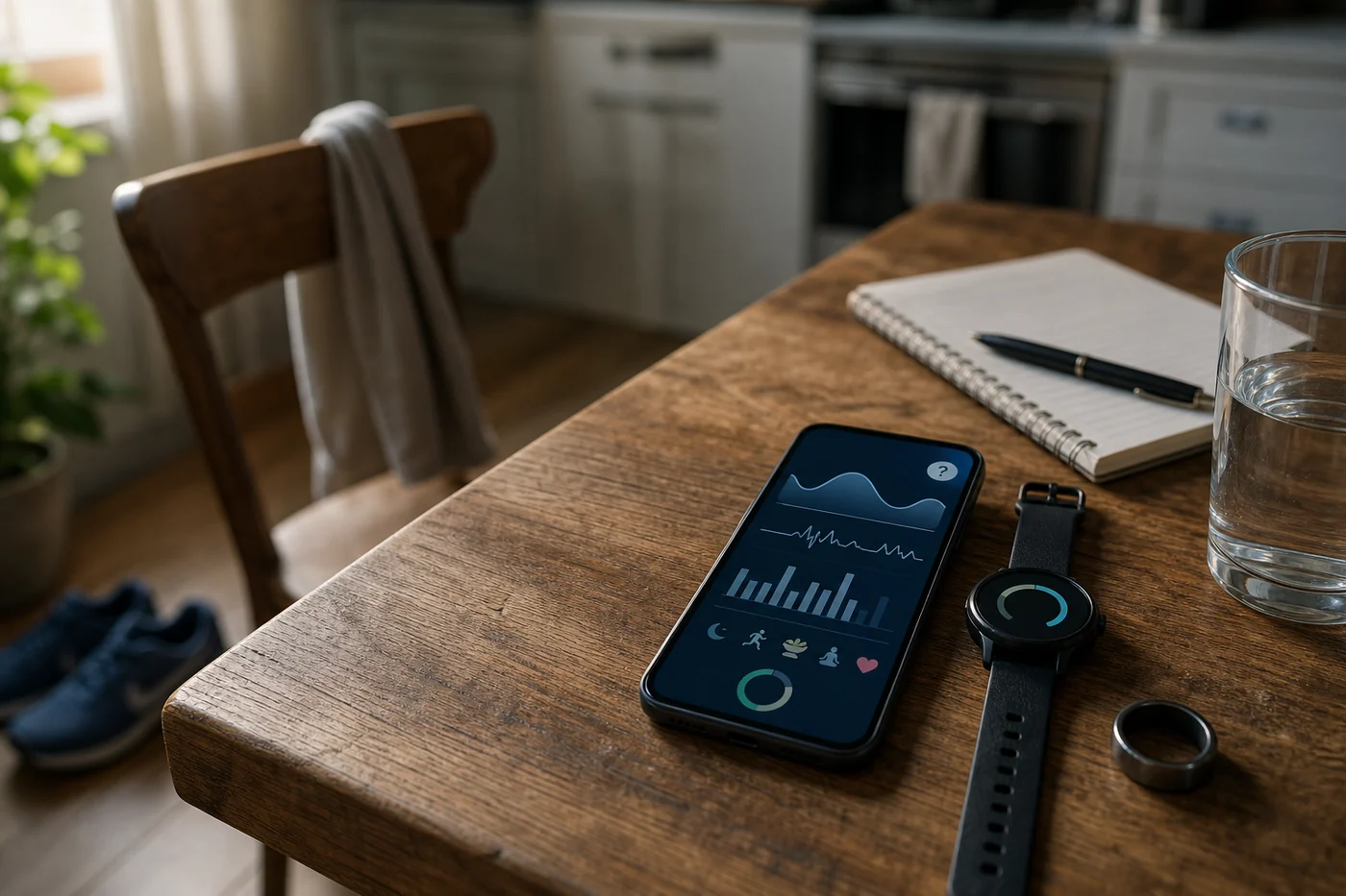A phone showing abstract sleep, heart-rate and activity charts beside a smartwatch and smart ring on a kitchen table.