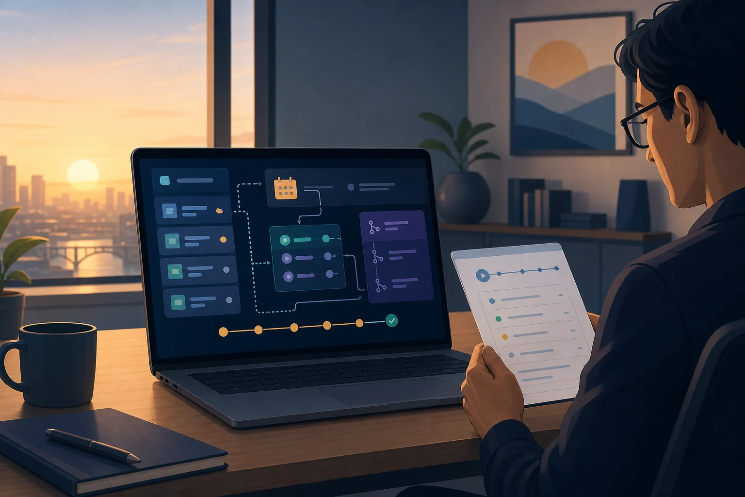 An operator reviews a run card beside a dashboard of scheduled agent jobs and routing paths at dawn