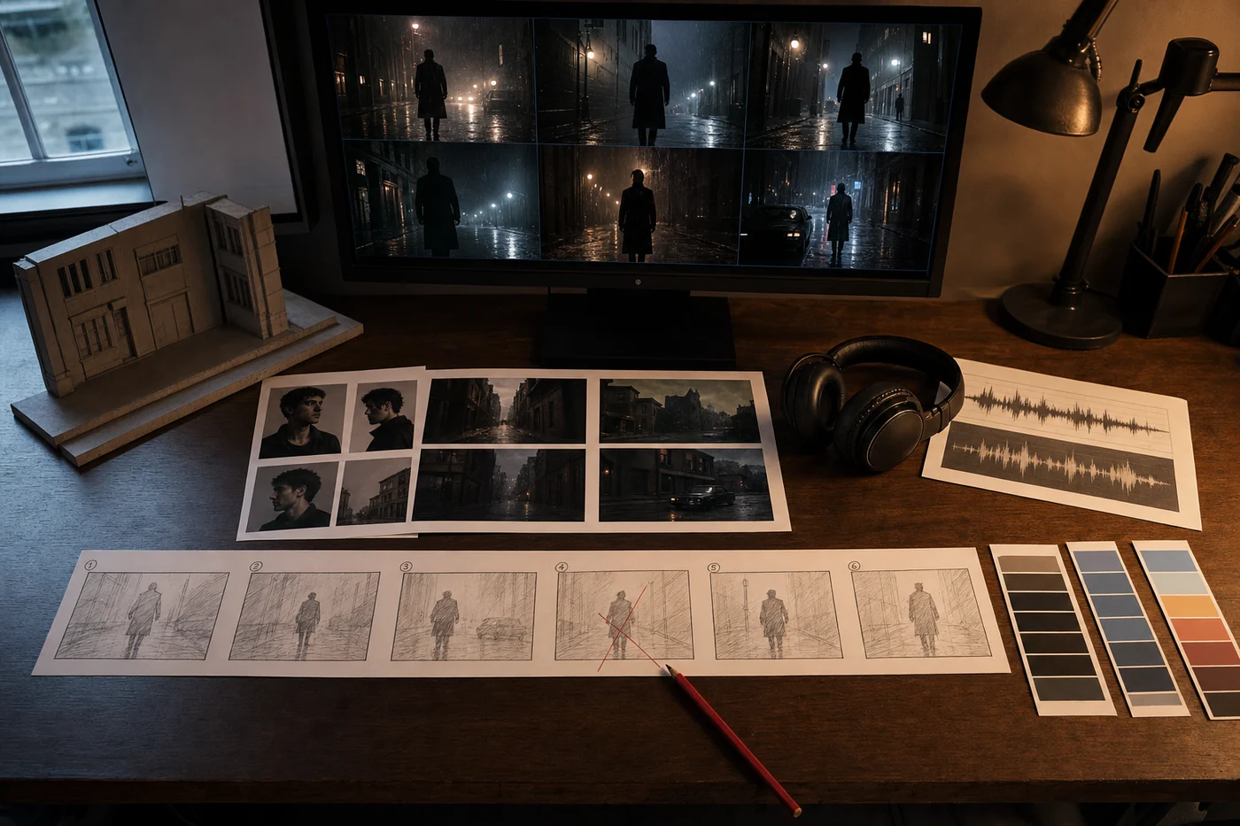 A filmmaker's desk with a six-shot rainy-street sequence, character and location references, an audio waveform, a miniature set, and one storyboard frame marked for revision.