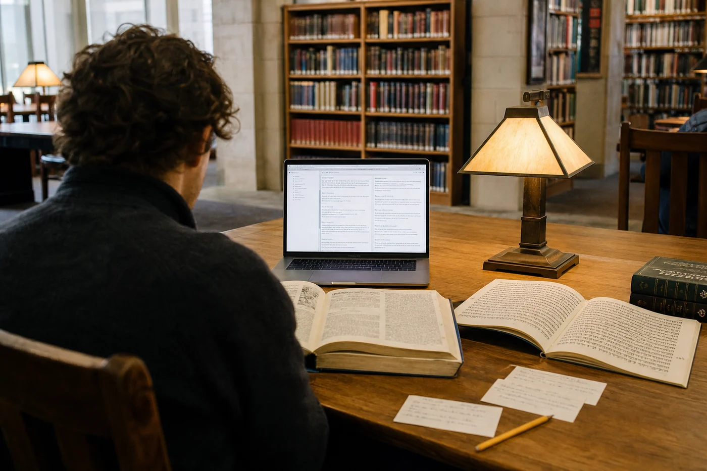 A reader at a wooden library table comparing open books with a laptop beside a warm desk lamp.