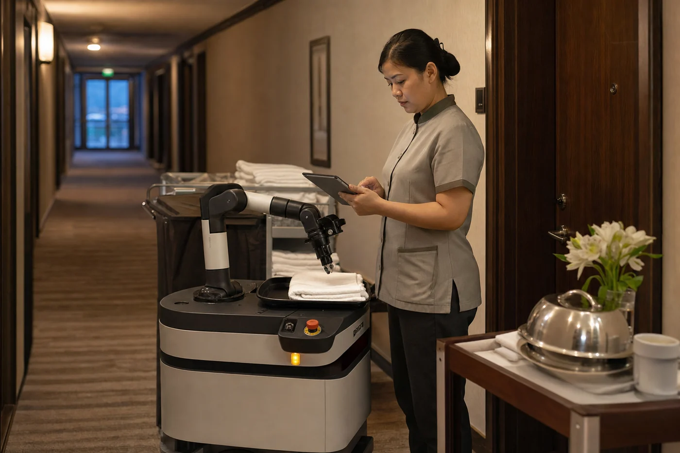 A hotel worker checks a tablet beside a wheeled service robot with a small arm paused over folded towels in a corridor.