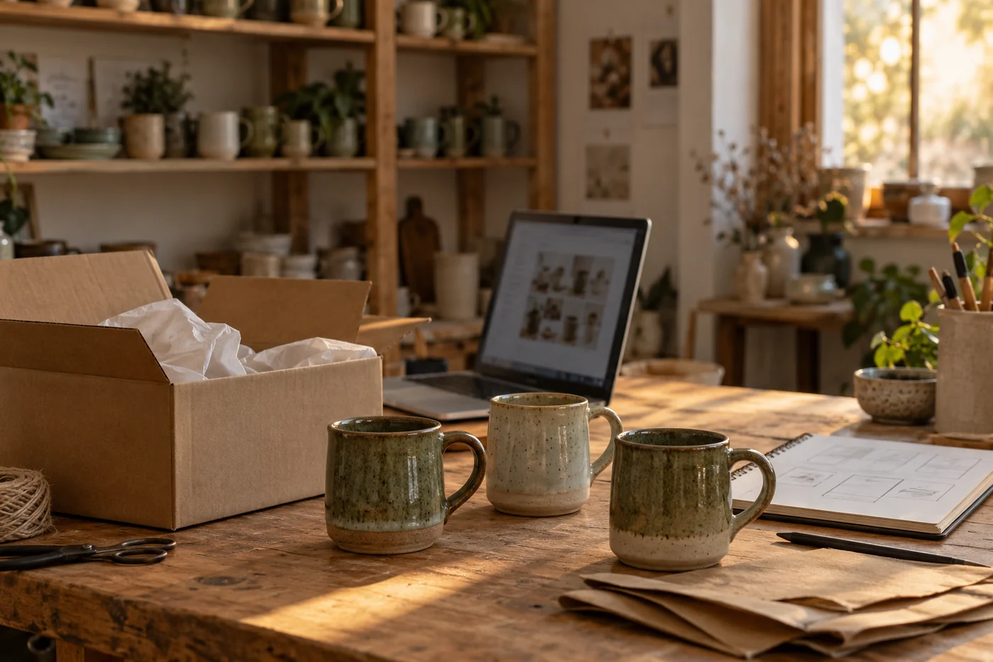 Handmade ceramic mugs, a packing carton and a storefront sketchbook beside a laptop in a sunlit pottery studio.