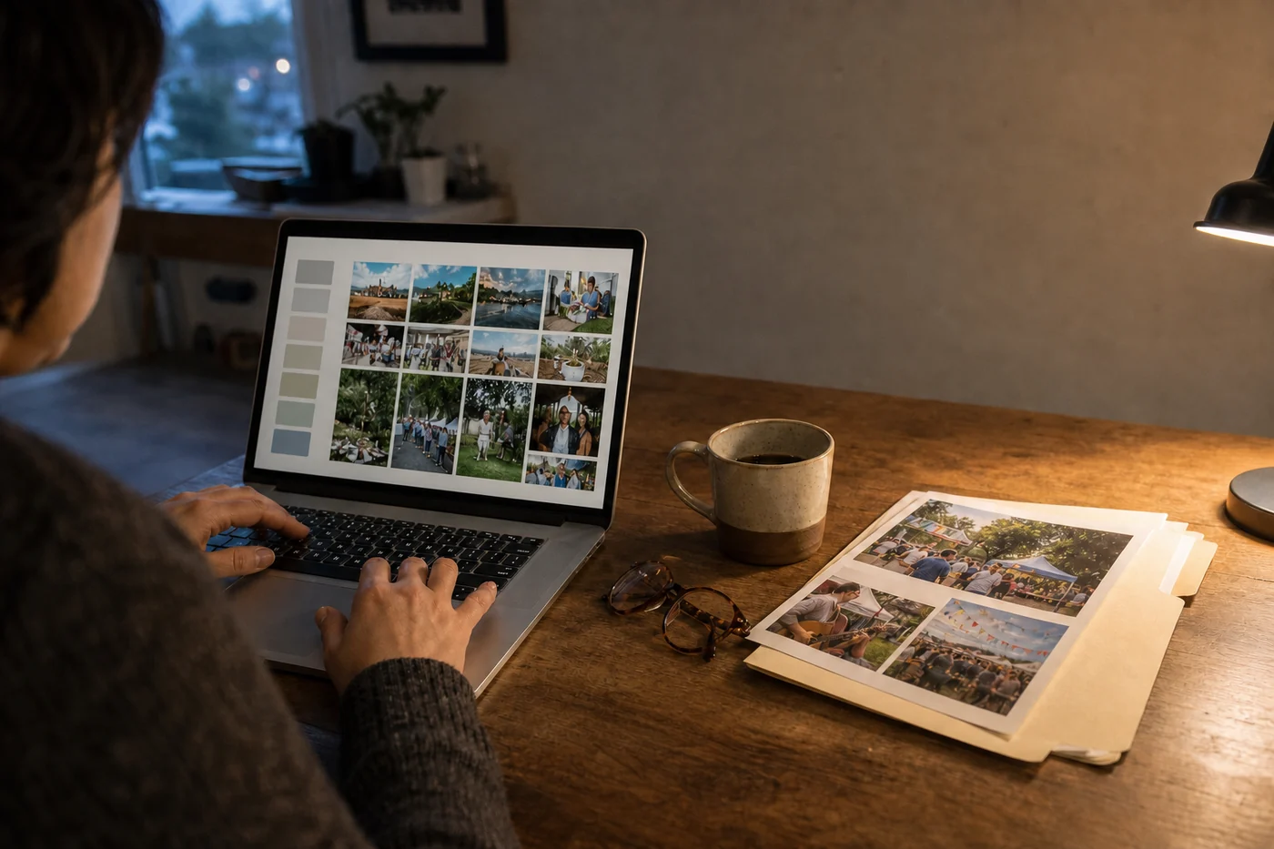 A small-business owner compares photo choices on a laptop with a printed event flyer and a paper folder at a kitchen table.