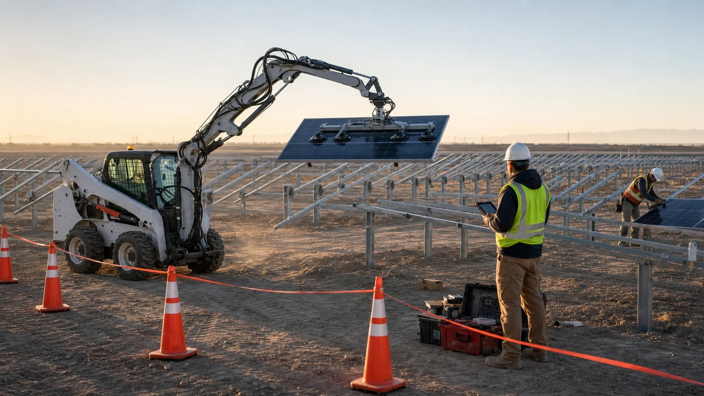 A skid-steer-mounted robotic arm carries a solar panel inside a marked work zone while two construction workers supervise and install panels nearby.