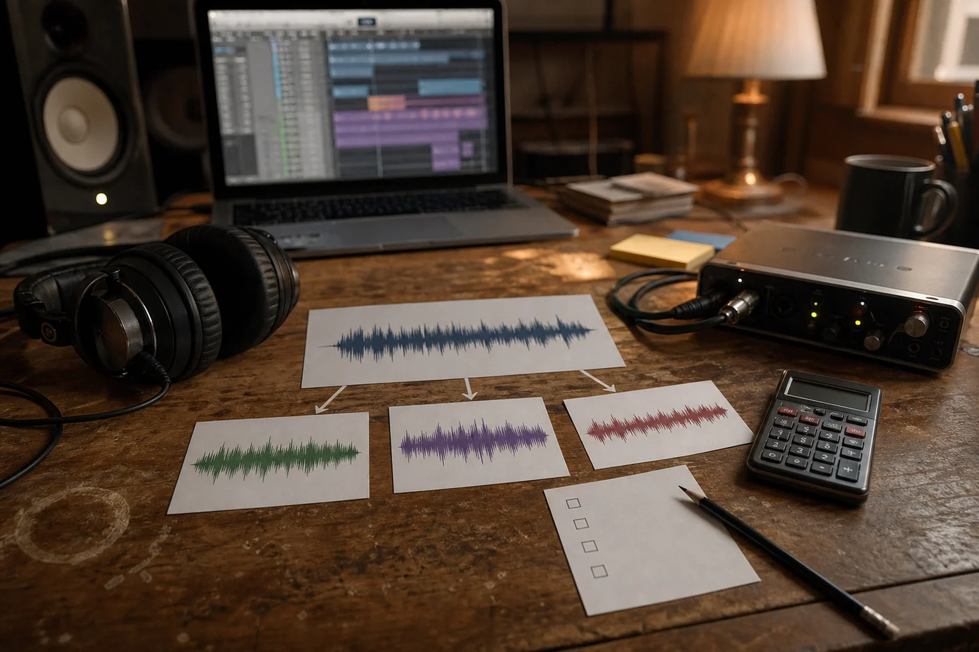 One original audio waveform branches into three colored variations on an independent recording studio desk beside headphones, an audio interface, a calculator and a permission card.