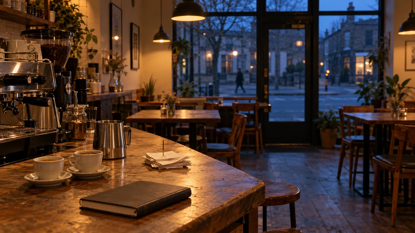 An empty independent cafe at twilight, with espresso cups and receipts on the counter
