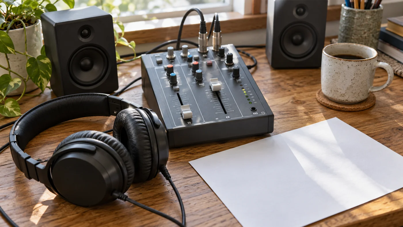 Headphones beside a compact audio mixer with two faders at different levels on a sunlit wooden desk.