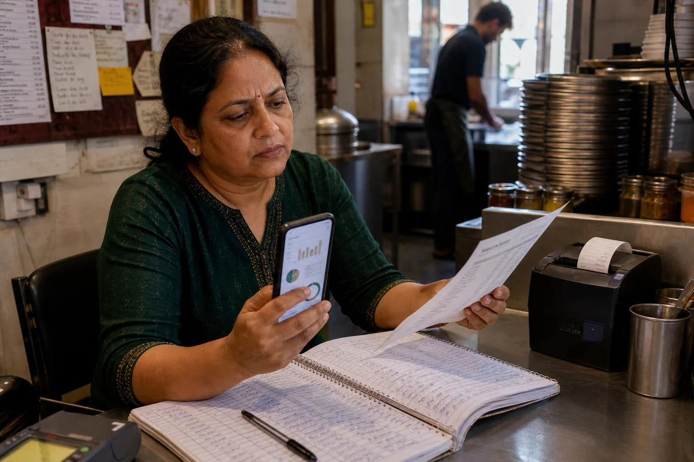 A restaurant owner compares a phone analytics screen with a printed payout statement and handwritten ledger after the lunch rush.