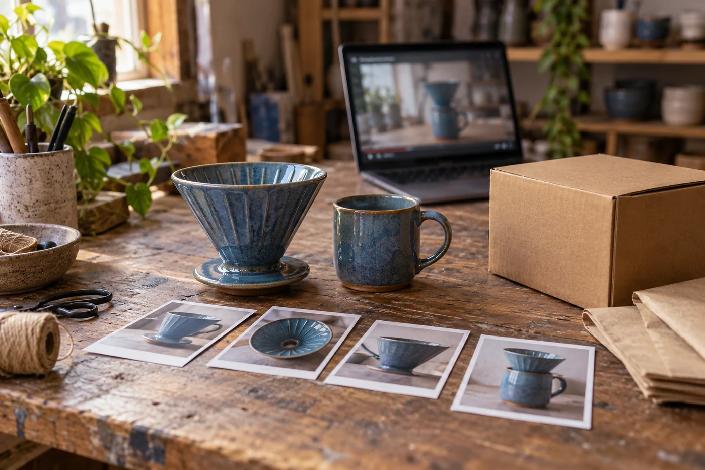 Blue ceramic coffee dripper and mug beside product photographs, a laptop and a shipping box on a pottery shop bench